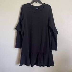 Kaari Blue Black Long Sleeve with Flutter Ruffle Hem Shift Sweater Dress Size L